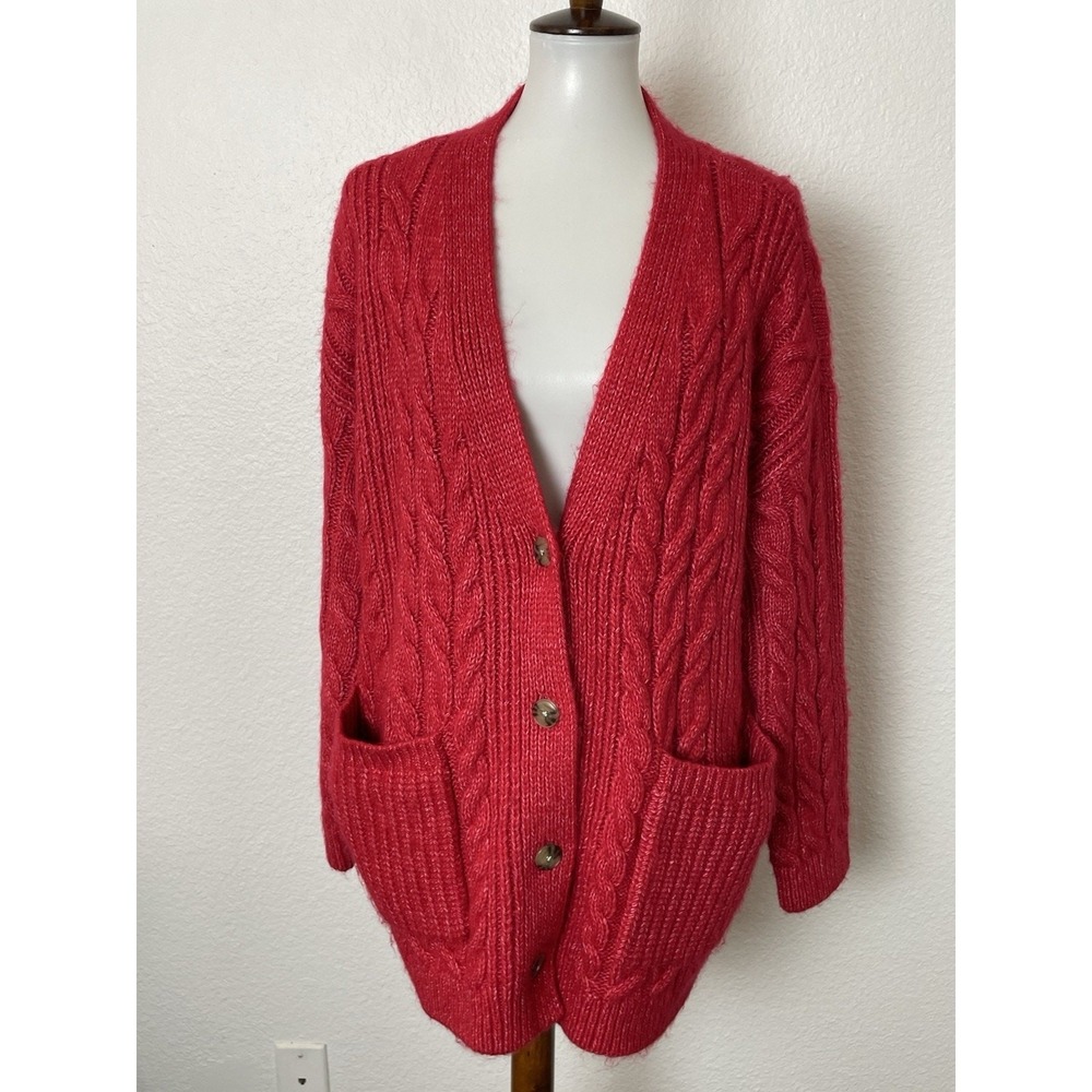 Loft Cardigan Sweater Women L Cable V Neck Knit Stretchβ Knit Fall Winter Red